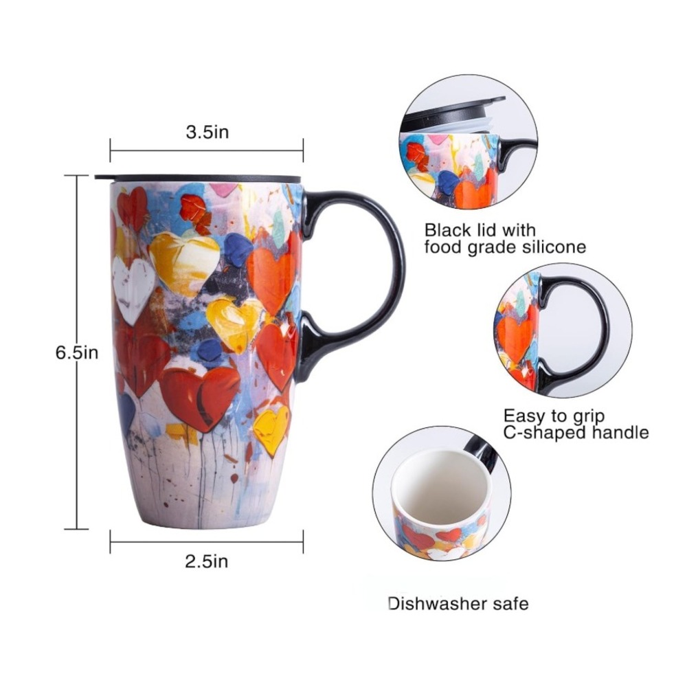 Ceramic Travel Mug Unisex 17oz Multicolor Heart Print Gift Box - Picture 4 of 4